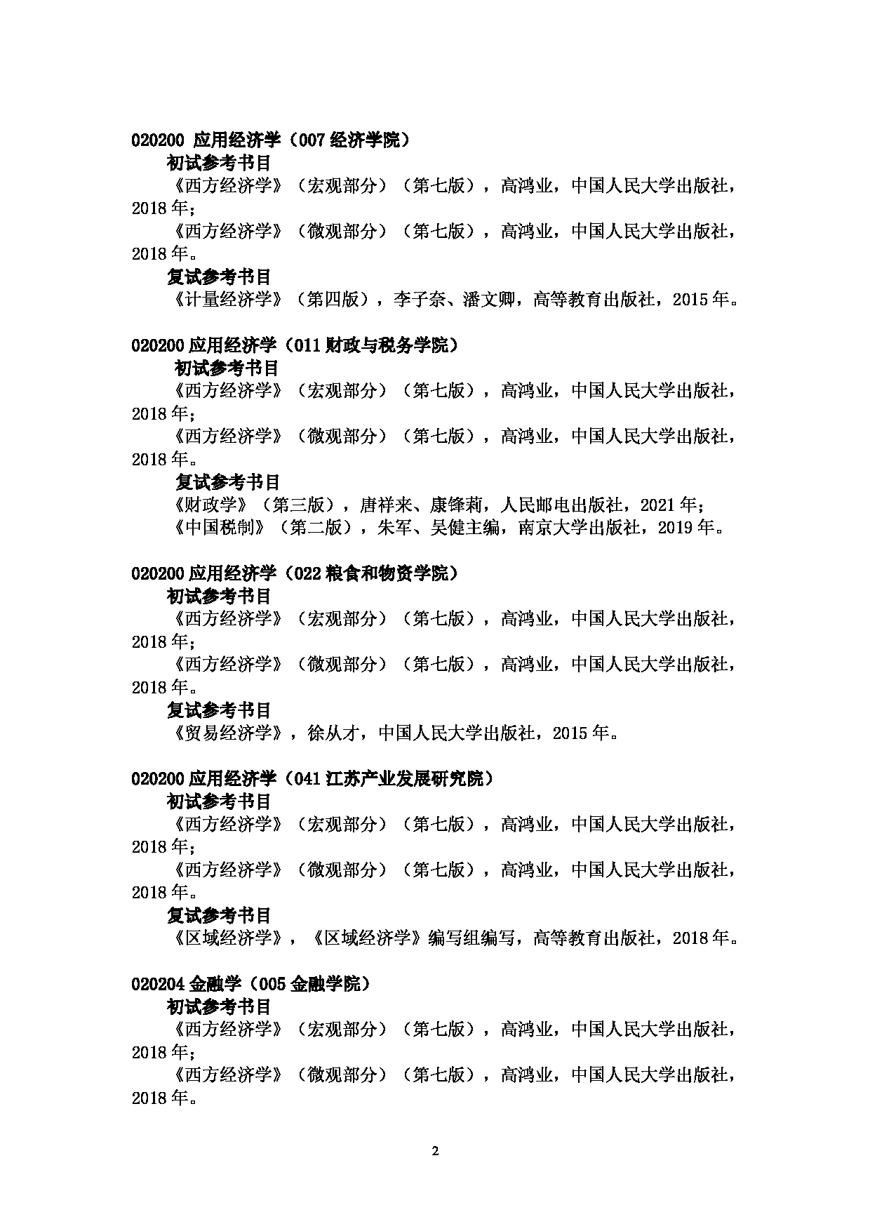 2022考研参考书目：南京财经大学2022年硕士研究生招生考试参考书目第2页