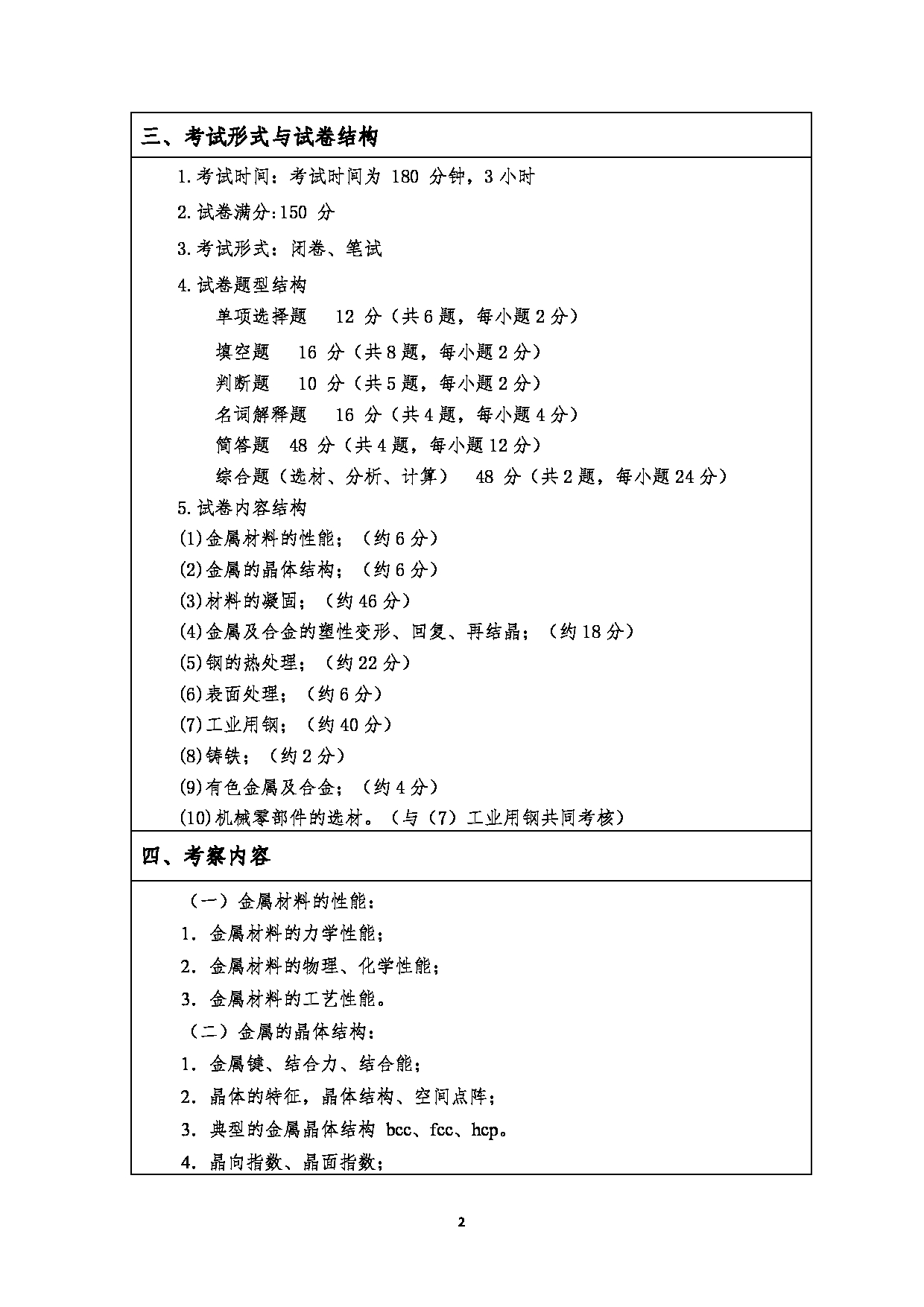 2023考研大纲：江汉大学2023年考研自命题科目 806金属材料与热处理 考试大纲第2页