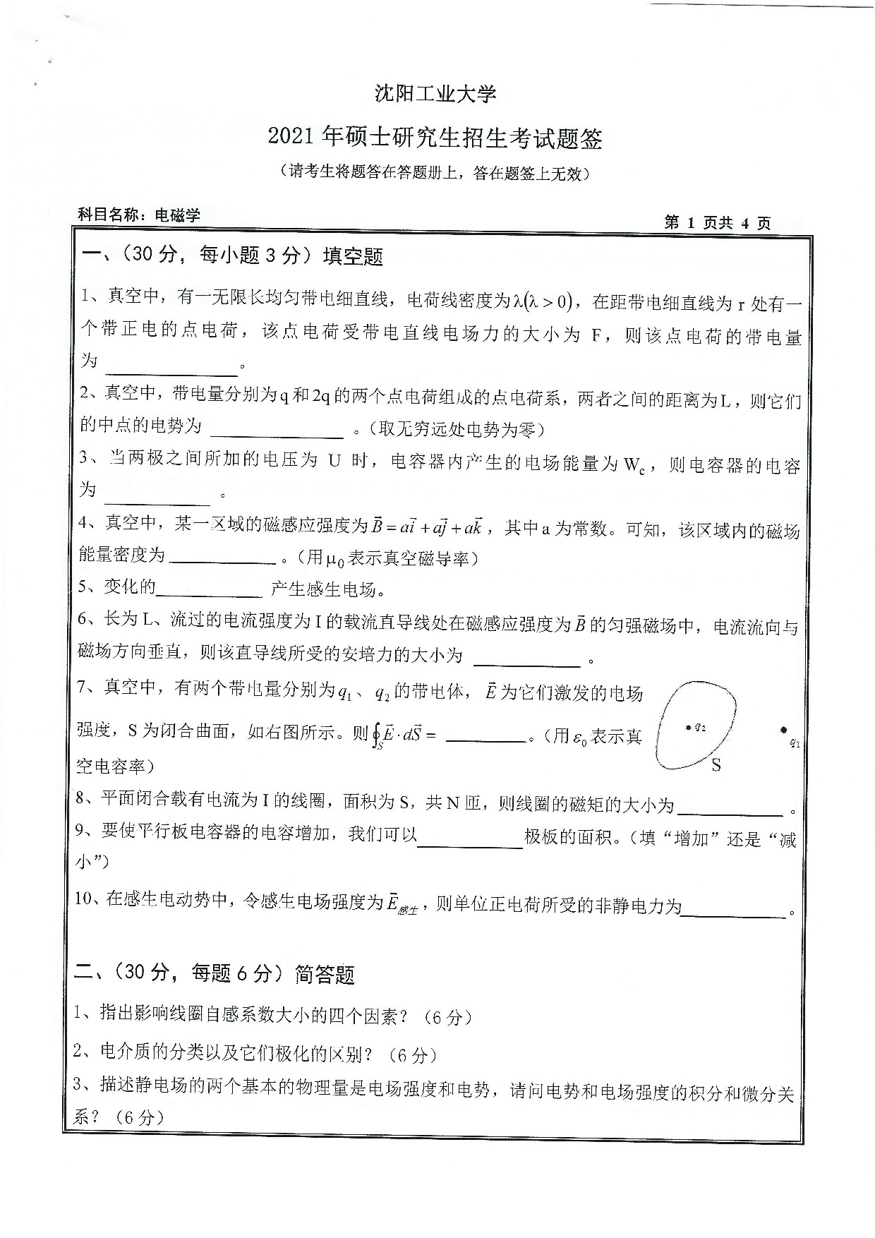 2021考研真题:沈阳工业大学2021年考研自命题科目 616 电磁学 考试真题第1页 2021考研真题:沈阳工业大学2021年考研自命题科目 616 电磁学 考试真题第1页