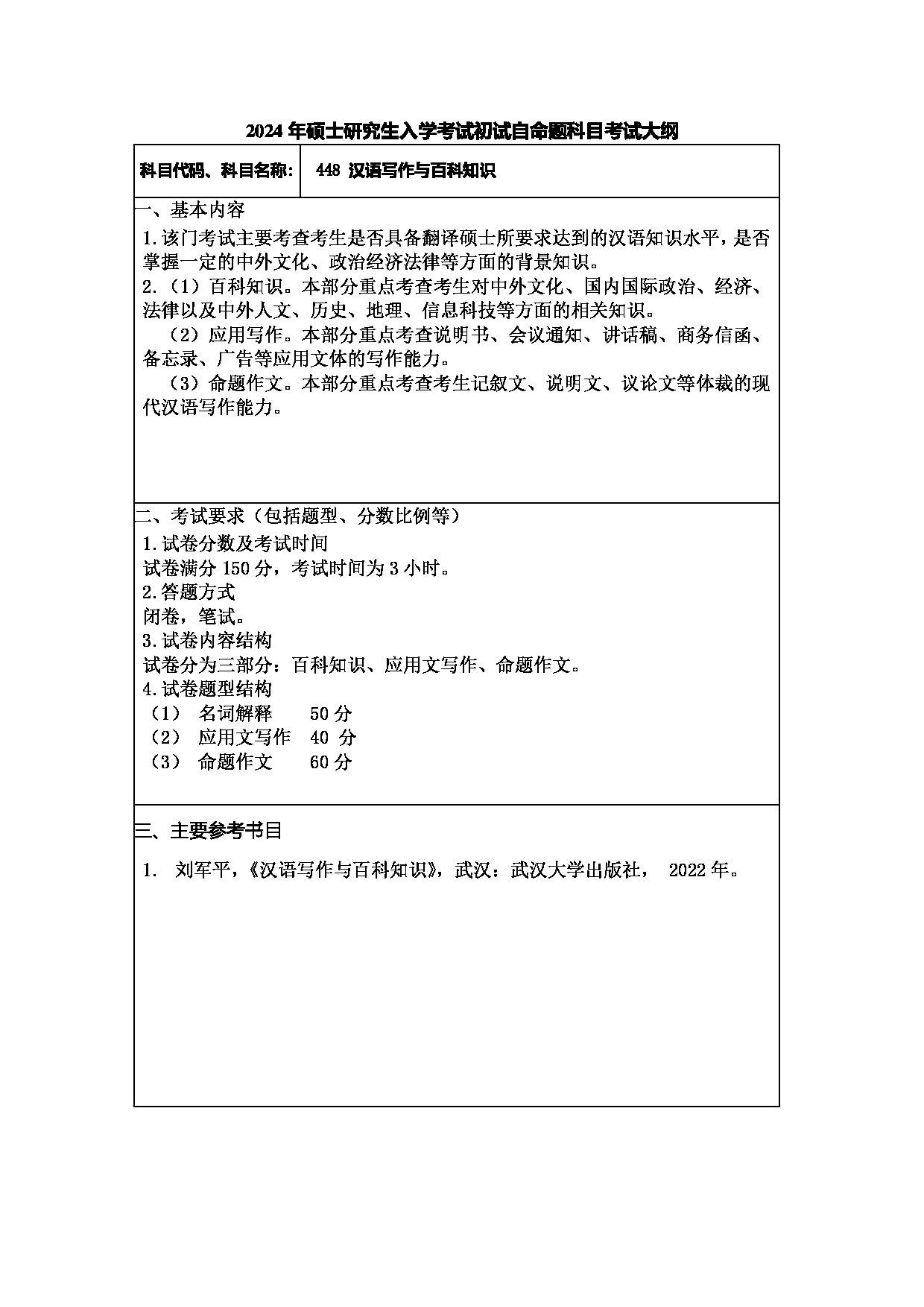 2024考研大纲：常州大学2024年考研自命题科目 448 汉语写作与百科知识 考试大纲第1页