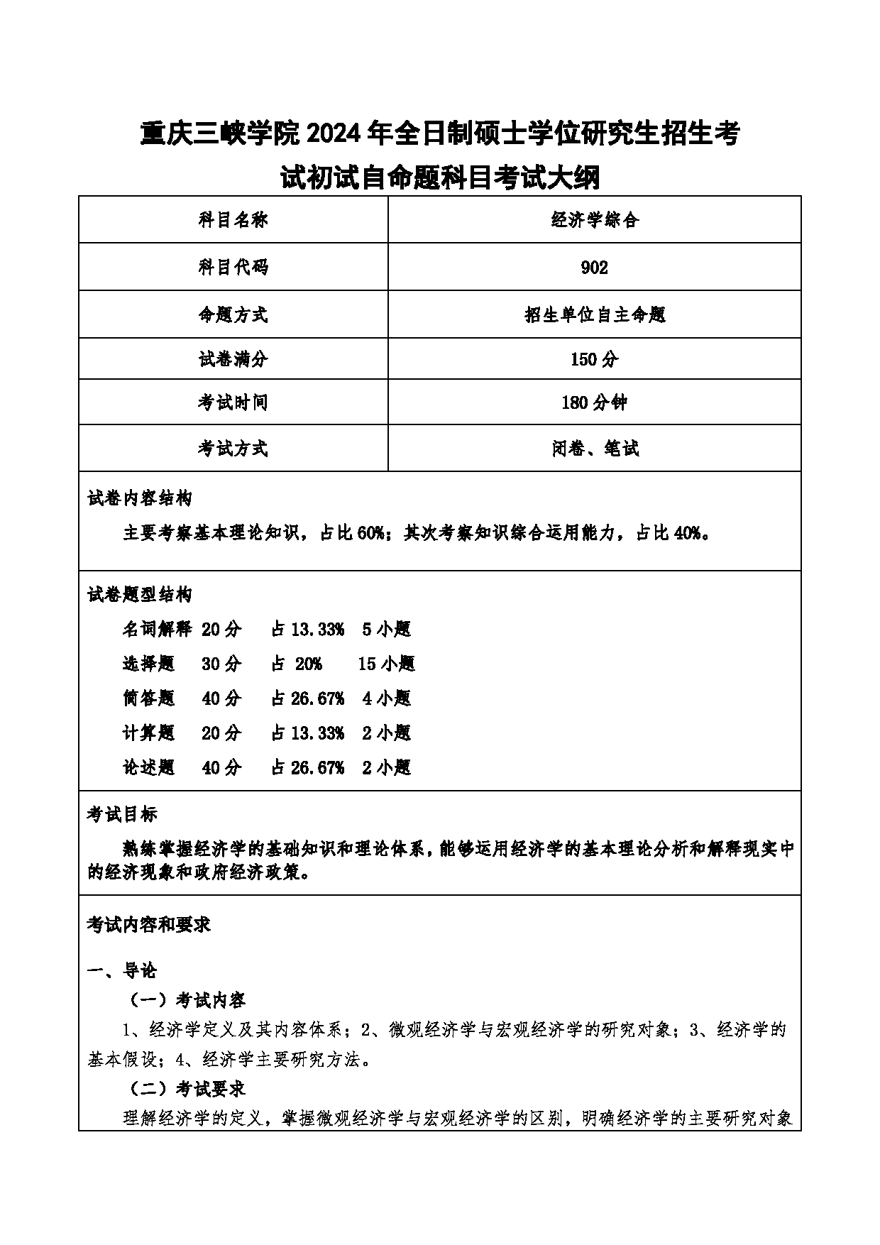 2024考研大纲:重庆三峡学院2024年考研 012财经学院 1.初试自命题科目902经济学综合 考试大纲第1页 2024考研大纲:重庆三峡学院2024年考研 012财经学院 1.初试自命题科目902经济学综合 考试大纲第1页